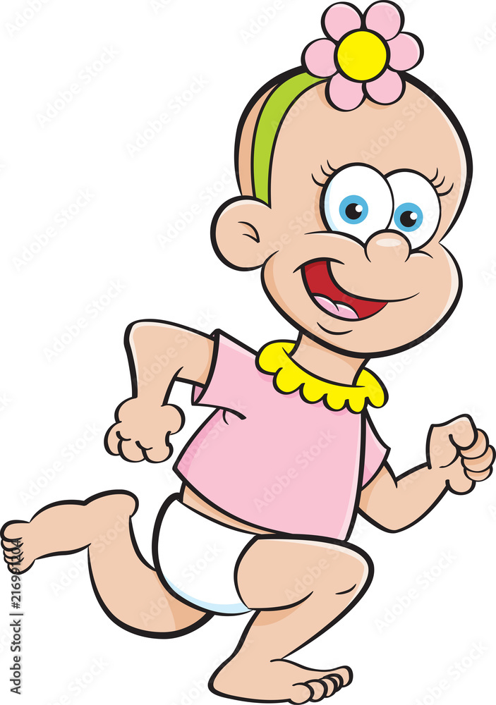 Cartoon illustration of a baby girl running. Cartoon illustration of a baby girl running.