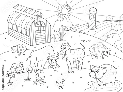 Farm animals and rural landscape coloring raster for adults