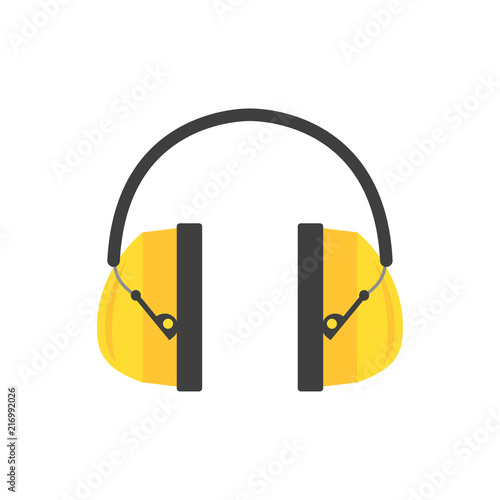 Protective ear muffs. Yellow headphones for construction worker. Professional equipment for hearing safety. Flat vector design
