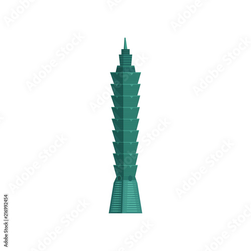 Flat vector icon of famous Taiwan skyscraper. Taipei financial center. Modern building. Architecture theme