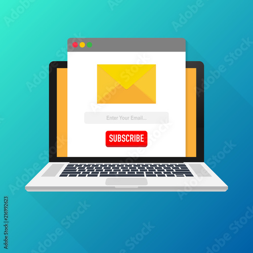 Vector template email subscribe on laptop. Submit form for website email letter banner. Vector illustration.