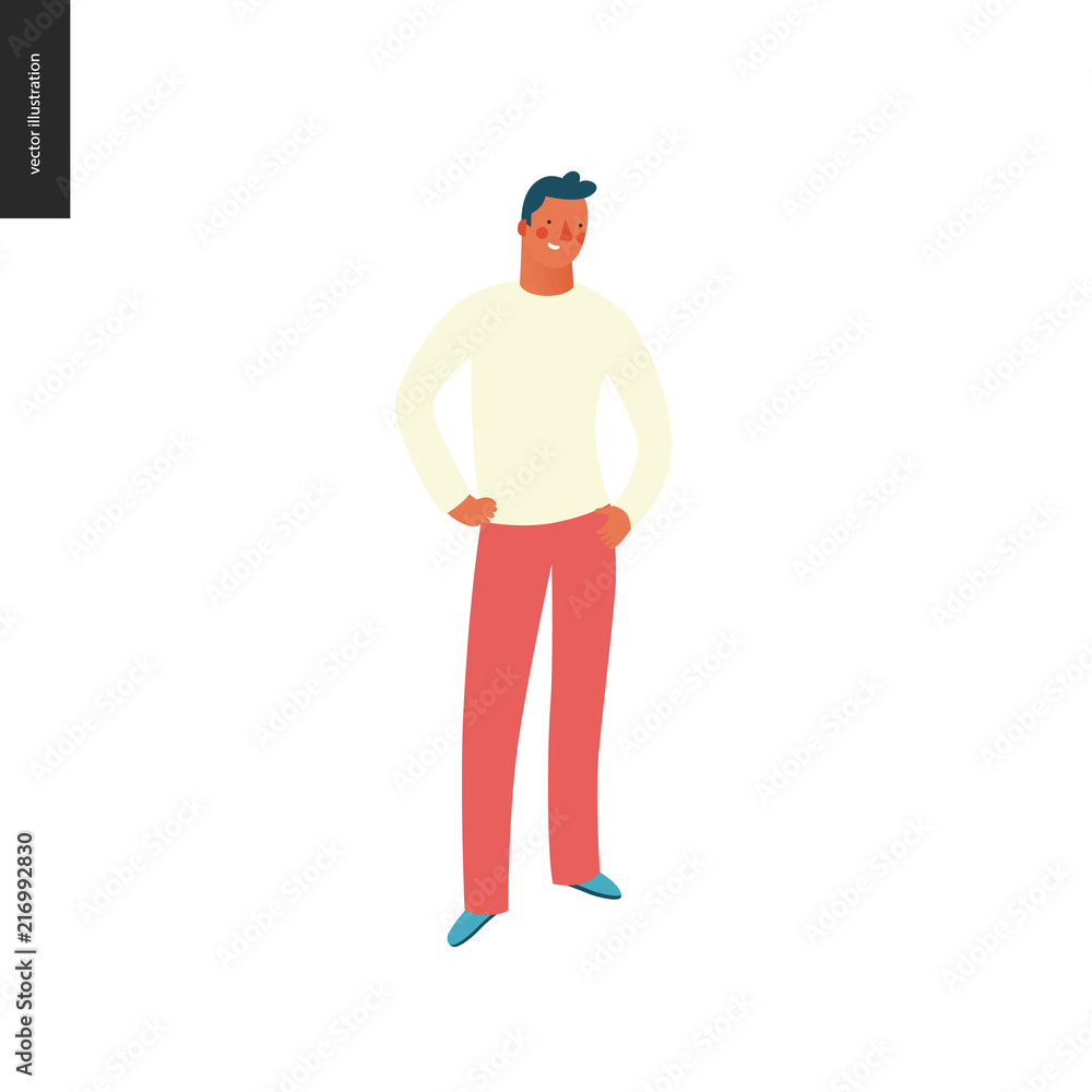 Bright people portraits - young man, hand drawn flat style vector doodle design illustration of a smiling young sunburnt man standing with arms akimbo, concept illustration Bright people portraits - young man, hand drawn flat style vector doodle design illustration of a smiling young sunburnt man standing with arms akimbo, concept illustration