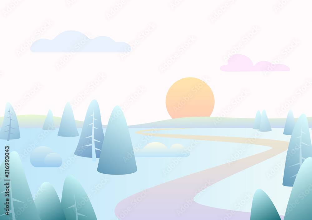 Fantasy simple winter road river landscape with cartoon curved trees, trendy gradient color vector illustration.
