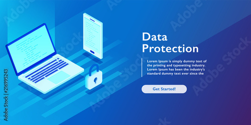 Data Protection Security isometric concept.Traffic Encryption, VPN, Privacy Protection Antivirus hack.flat 3d isometry