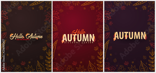 Set of Autumn Backgrounds with leaves for shopping sale, promo poster and frame leaflet, web banner. Vector illustration template.
