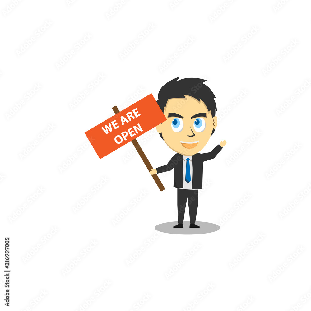 businessman hold we are open sign illustration businessman hold we are open sign illustration