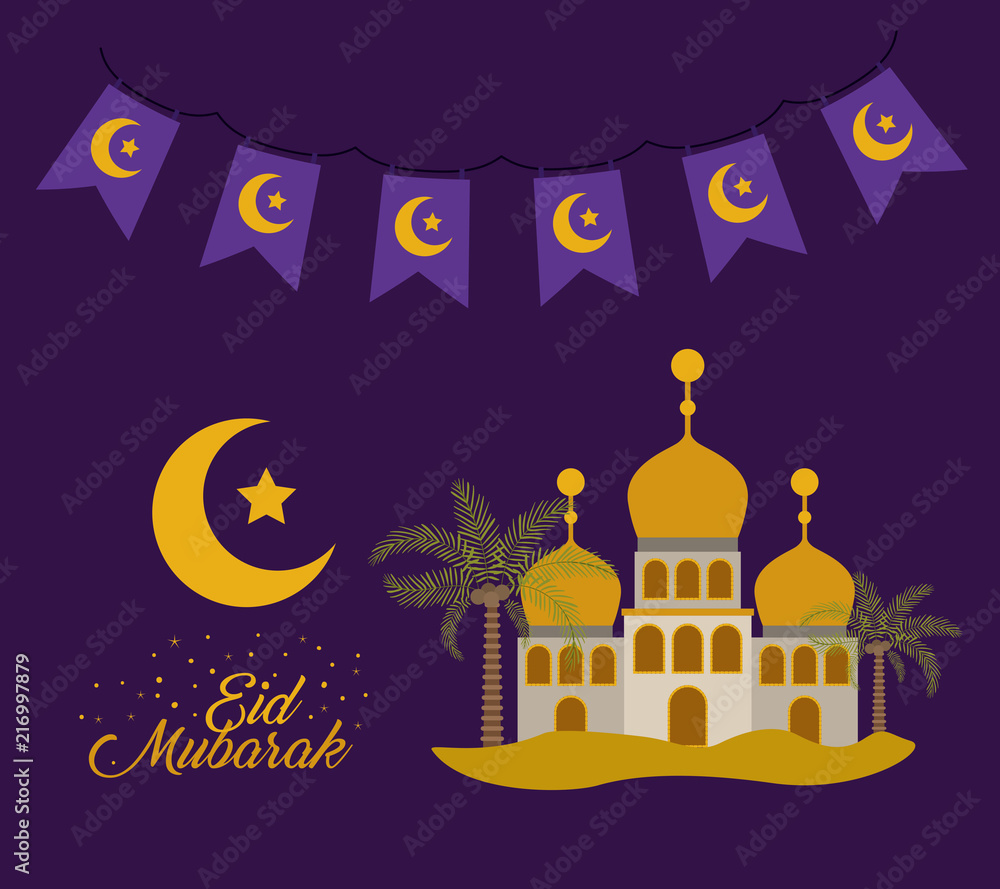 eid mubarak card with moon and castles vector illustration design