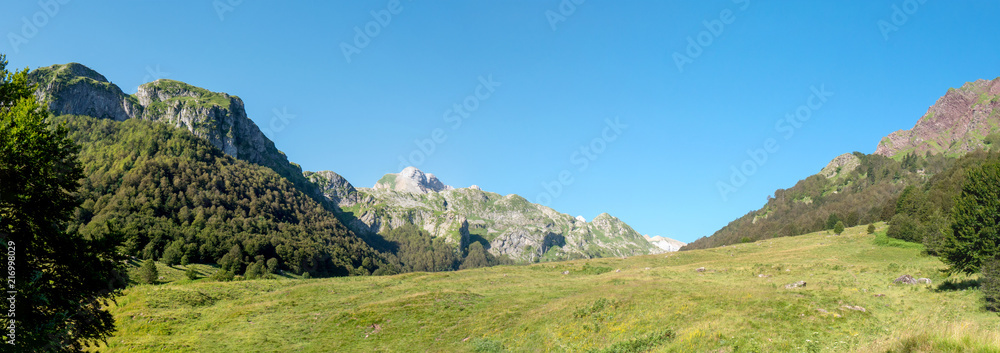 view of Pyrenees mountains with blue sky