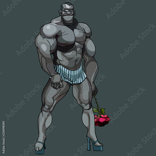 cartoon man bodybuilder standing on heels with a rose in his hand