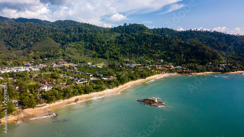 Aerial drone view of the Thai resort town of Khao Lak on the shores of the Andaman Sea