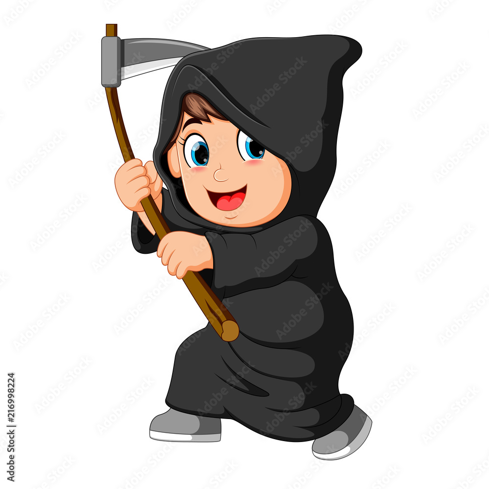 Obraz premium boy wearing grim reaper costume with scythe 