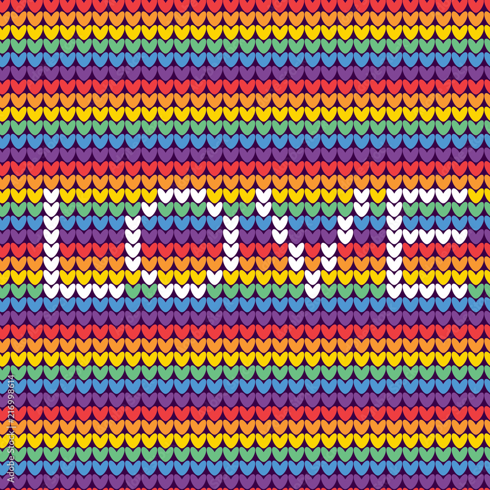 LGBT rainbow knitted seamless pattern with text love. Vector illustration for pride flag.
