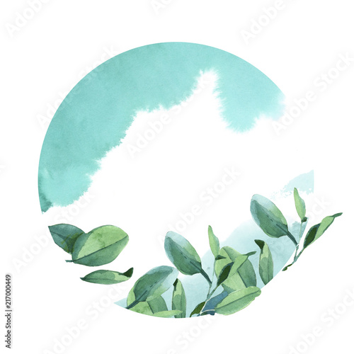 Round frame with green and blue eucalyptus leaves with paint splash