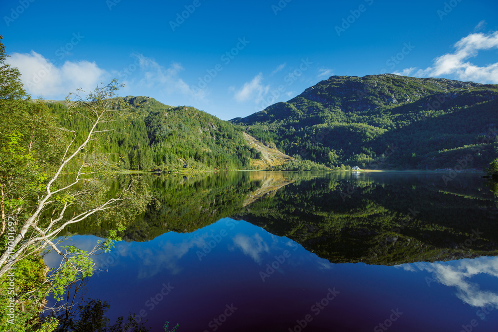 Amazing nature view with fjord and mountains. Beautiful reflection.