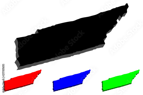 3D map of Tennessee (United States of America, The Volunteer State) - black, red, blue and green - vector illustration