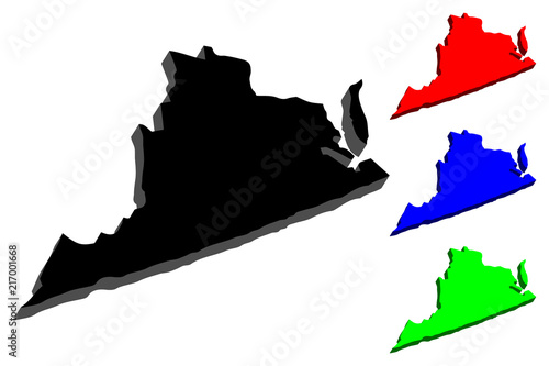 3D map of Virginia (United States of America, Commonwealth of Virginia) - black, red, blue and green - vector illustration