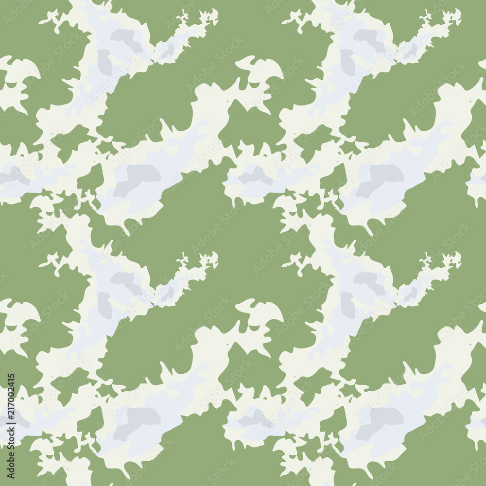 UFO military camouflage seamless pattern in green, grey and beige colors