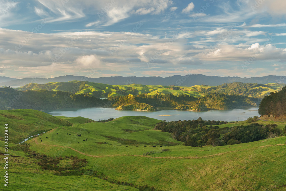  View over Coromandel peninsula from state highway 25 in the winter evening after rain. Near Manaia, 15 km south of Coromandel town. New Zealand North Island