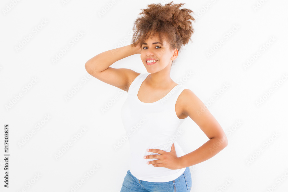 Summer t shirt design and people concept close up of young afro american woman in blank template white t-shirt. Mock up. Copy space. Curly hair. front view. Summer t shirt design and people concept close up of young afro american woman in blank template white t-shirt. Mock up. Copy space. Curly hair. front view.
