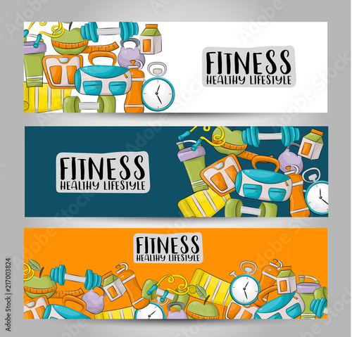 Fitness and healthy lifestyle. Horizontal banner template set.  Modern hand drawn doodle design. Vector illustrator.