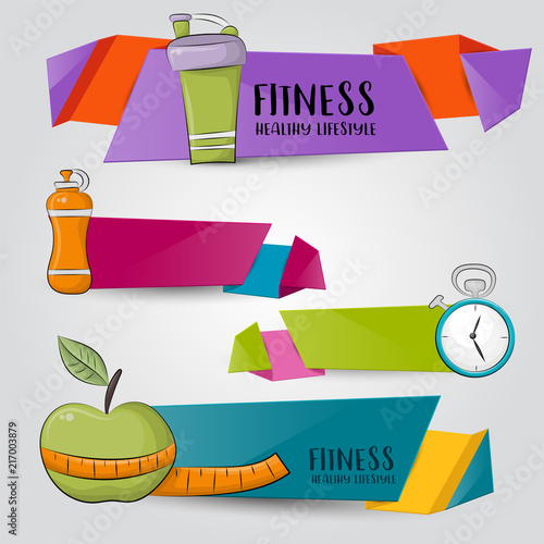 Fitness and healthy lifestyle. Horizontal banner template set.  Modern hand drawn doodle design. Vector illustrator.