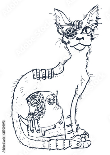 Cat with mechanical parts of body. Hand drawn illustration isolated on white