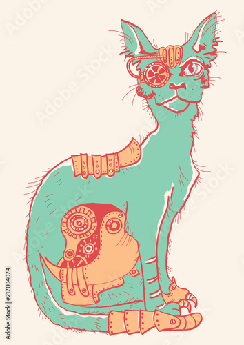 Cat with mechanical parts of body. Hand drawn color illustration isolated on white