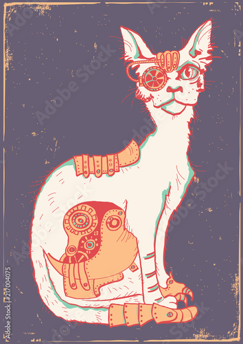 Cat with mechanical parts of body. Hand drawn color illustration on old paper poster