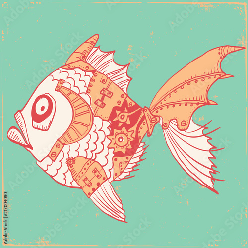 fish with mechanical parts of body. Hand drawn steampunk illustration on old paper