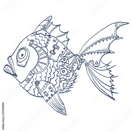 fish with mechanical parts of body. Hand drawn background illustration