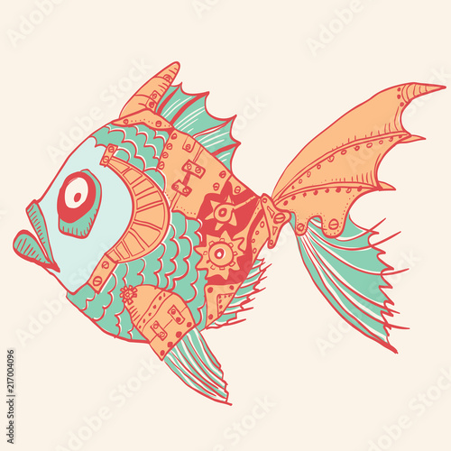fish with mechanical parts of body. Hand drawn steampunk illustration