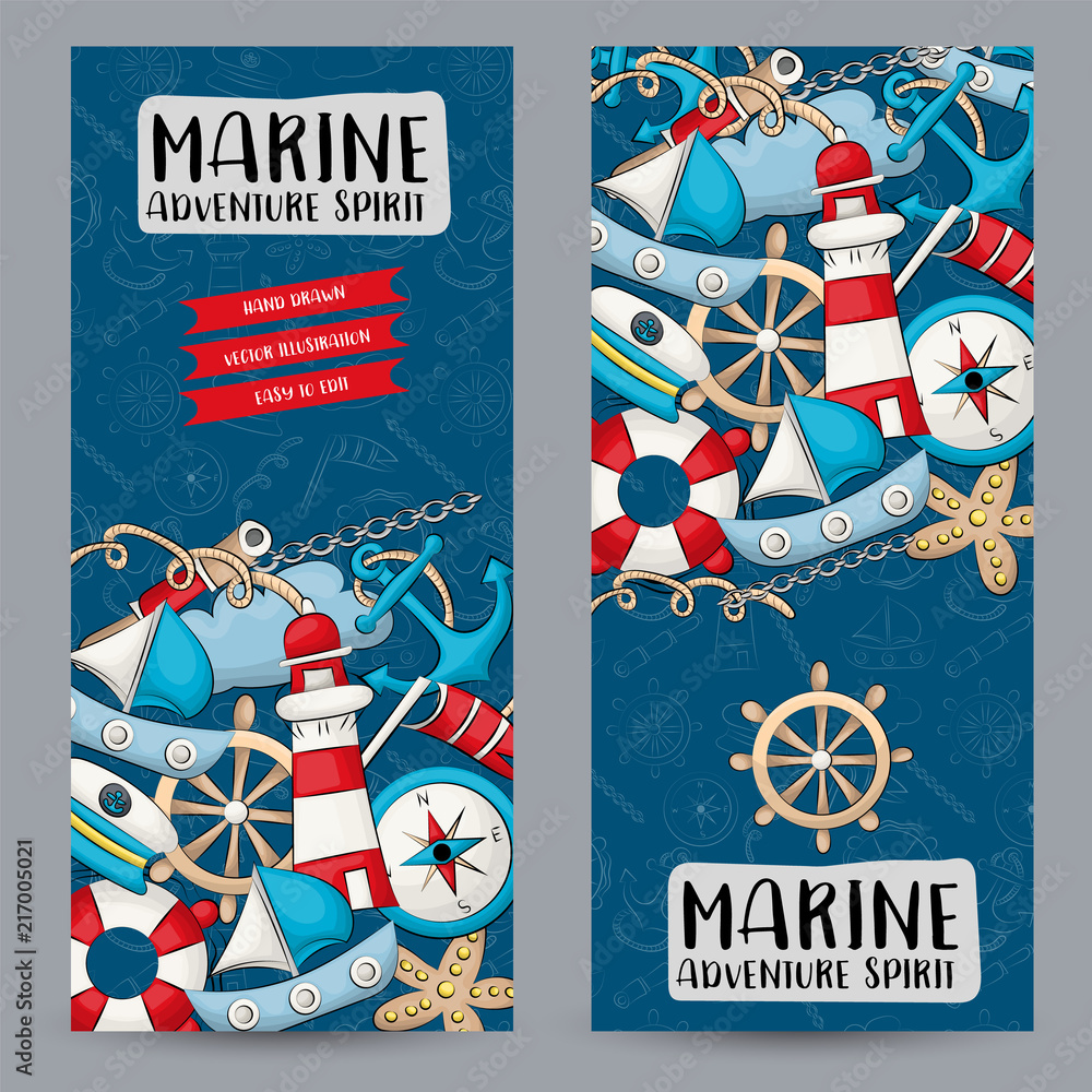 Fototapeta premium Marine nautical travel concept. Vertical banner template set. Modern hand drawn doodle design. Vector illustrator.