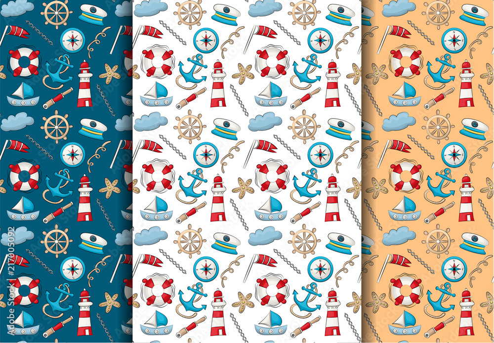 Marine nautical travel theme set. Seamless pattern. Repeating background for textile, wrapping, wallpaper. Vector illustration.