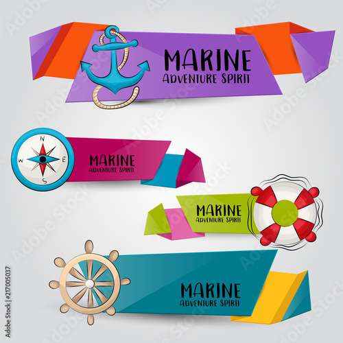 Marine nautical travel concept. Horizontal banner template set.  Modern hand drawn doodle design. Vector illustrator.