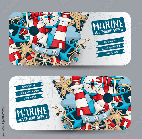 Marine nautical travel concept. Horizontal banner template set.  Modern hand drawn doodle design. Vector illustrator.