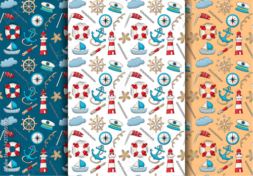 Marine nautical travel theme set. Seamless pattern. Repeating background for textile, wrapping, wallpaper. Vector illustration.