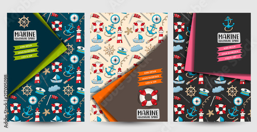 Marine nautical travel set of flyers. Printable brochure template. Vector illustrator.