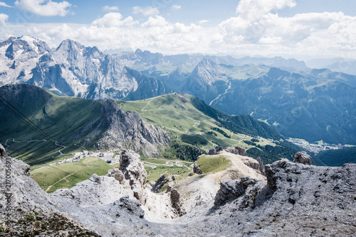 View of the Dolomites mountain - UNESCO heritage - from the top of the Sass Pordoi, Trentino Alto Adige - Canazei.