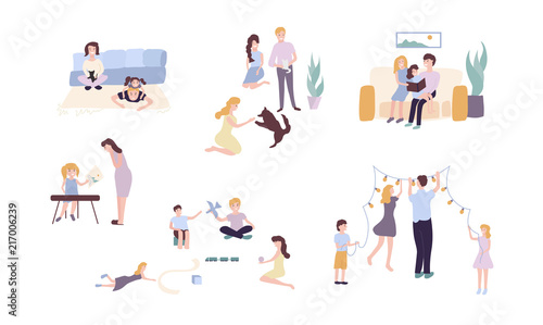 Happy family life situations. Isolated characters, flat style.