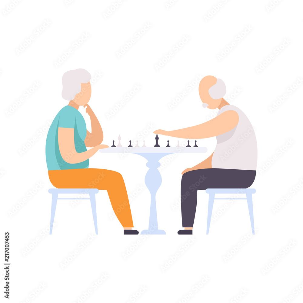 Senior couple characters playing chess, elderly people leading an active lifestyle social concept vector Illustration on a white background