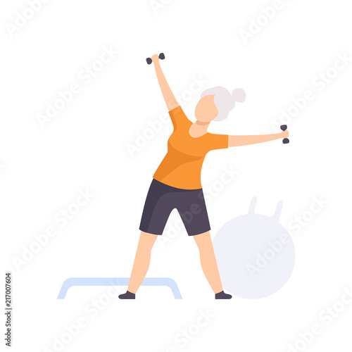 Sportive senior woman character exercising with dumbbells, elderly people leading an active lifestyle social concept vector Illustration on a white background