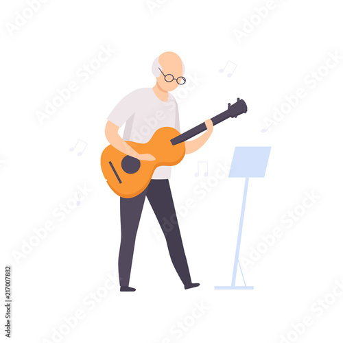 Senior man character playing guitar, elderly people leading an active lifestyle social concept vector Illustration on a white background