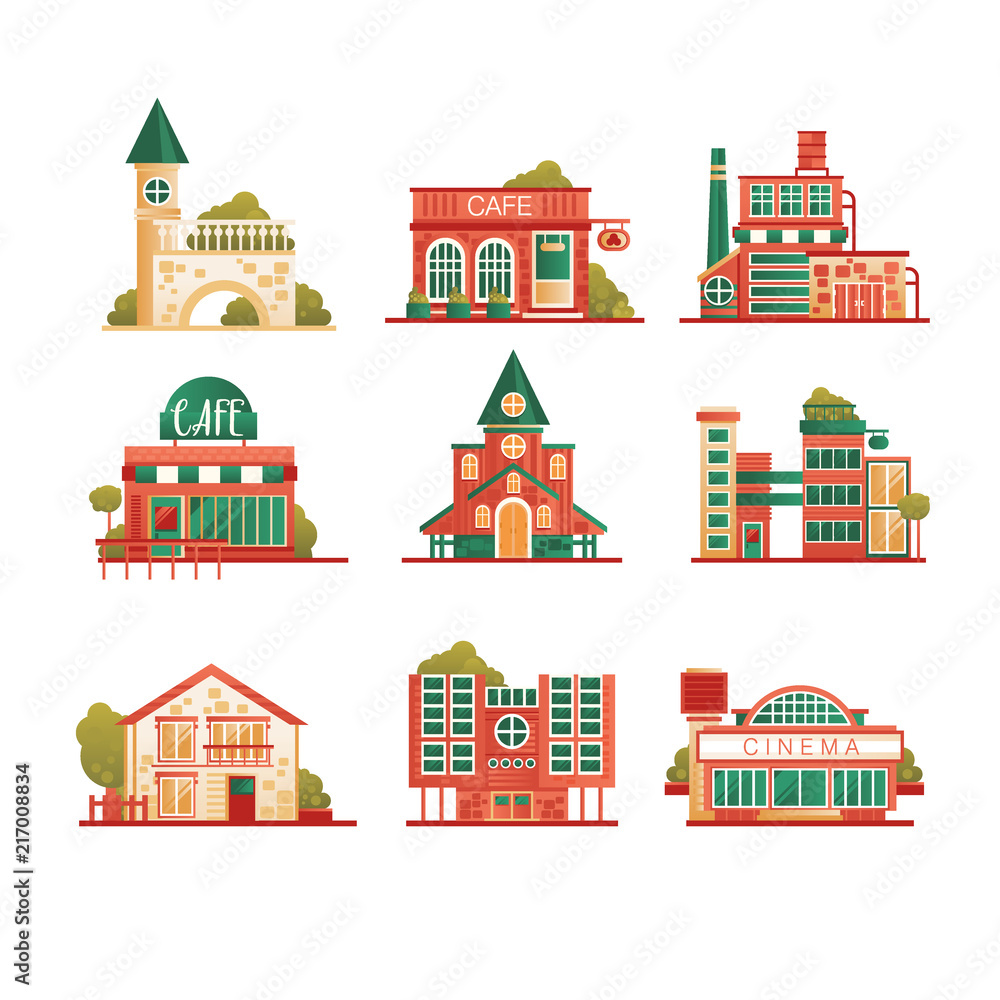 Collection of urban and suburban huses set, private houses and municipal public buildings vector Illustrations on a white background
