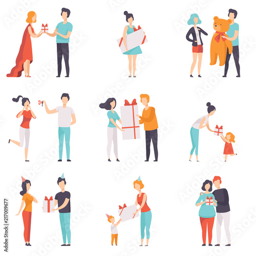 People giving and receiving gifts set, men, women and kids celebrating holidays vector Illustrations on a white background