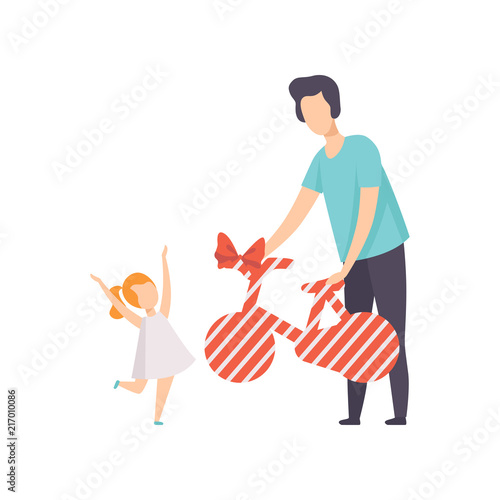 Father giving wrapped bicycle with red ribbon bow to her little daughter, people celebrating holiday concept vector Illustration on a white background