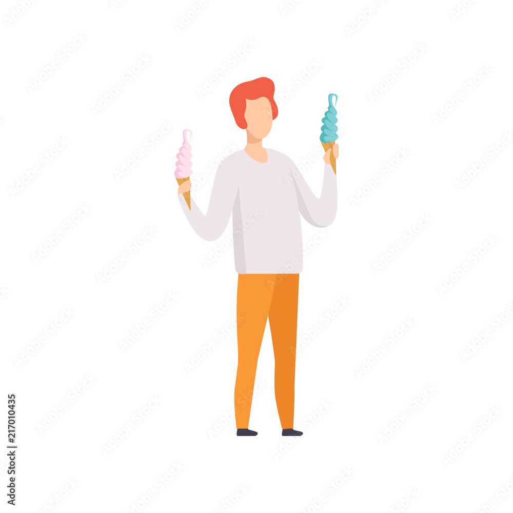 Young man standing and holding two ice cream in wafer cone, guy enjoying eating of frozen summer dessert vector Illustration on a white background Young man standing and holding two ice cream in wafer cone, guy enjoying eating of frozen summer dessert vector Illustration on a white background