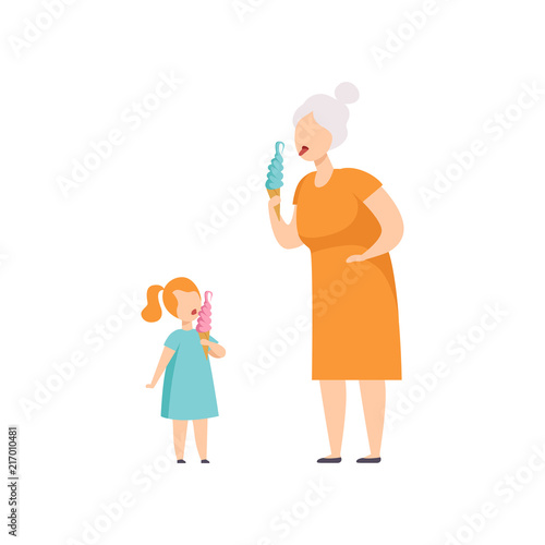 Grandmother and her little granddaughter eating ice cream in wafer cone, people enjoying eating of frozen summer dessert vector Illustration on a white background