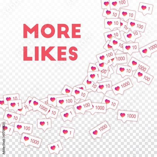 Social media icons. More likes concept. Falling gradient like counter. Noteworthy big radiant left t