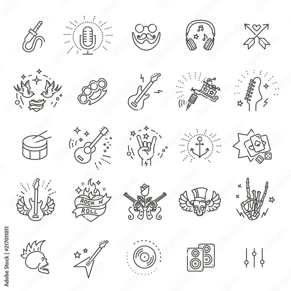 Rock and Roll line icon set