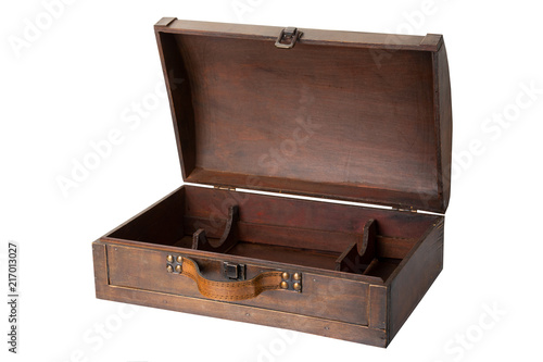 Opened old wooden chest with a leather handle isolated on white. Space for text display montage.